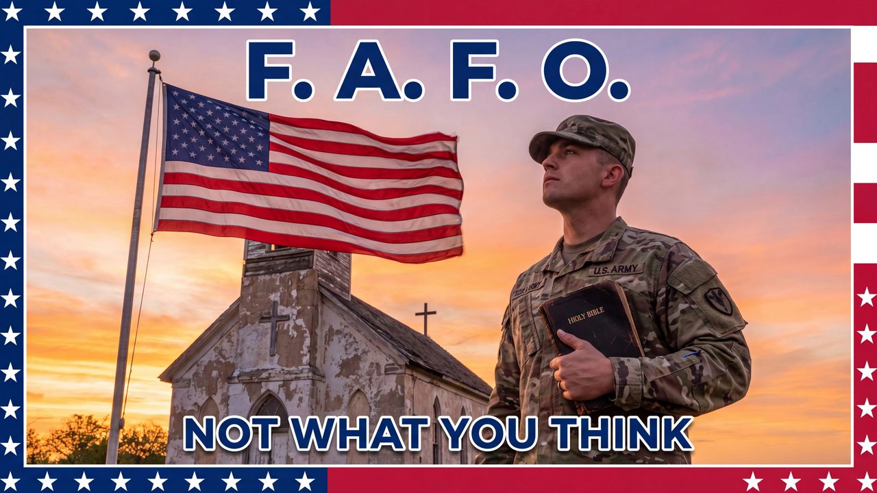 FAFO — Not What You Think: a soldier holding a Bible beside an American flag and a country church at sunrise